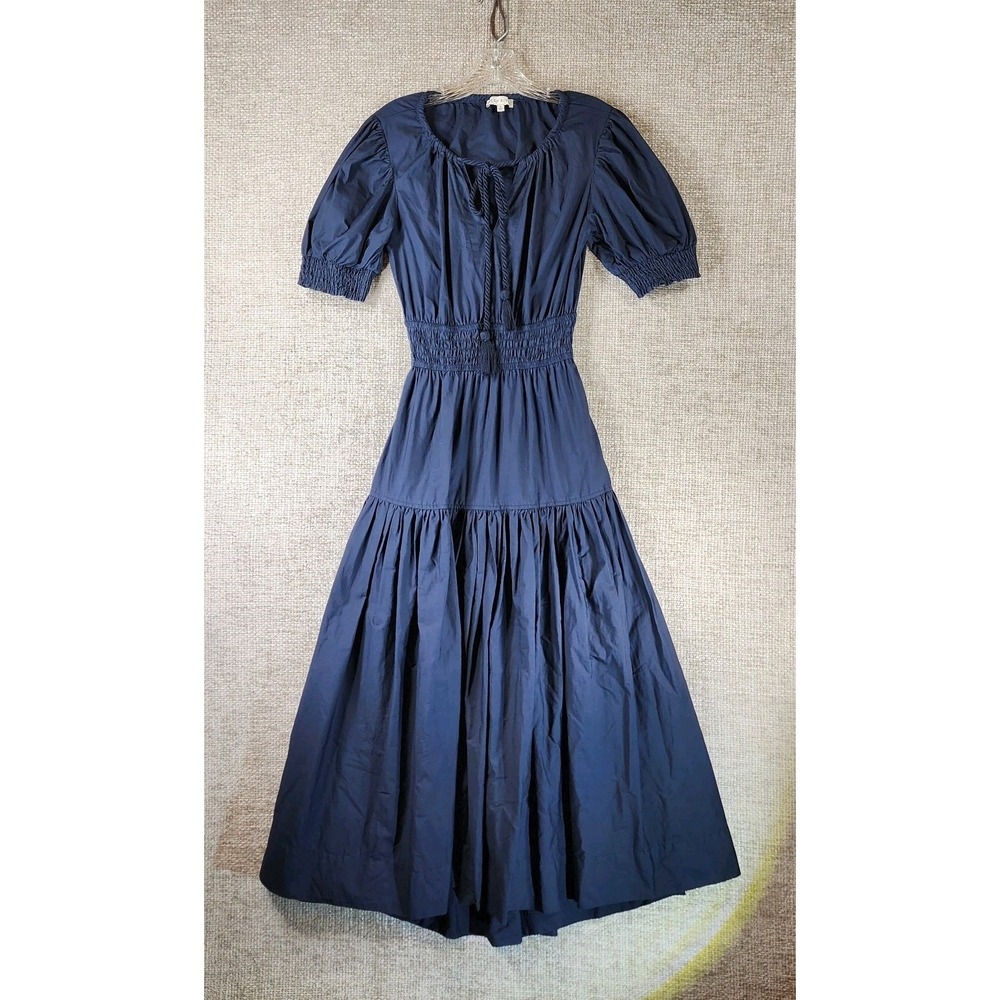 MOON RIVER Anthropologie Tiered Midi Dress Womens S Navy Puff Sleeve Tasseled